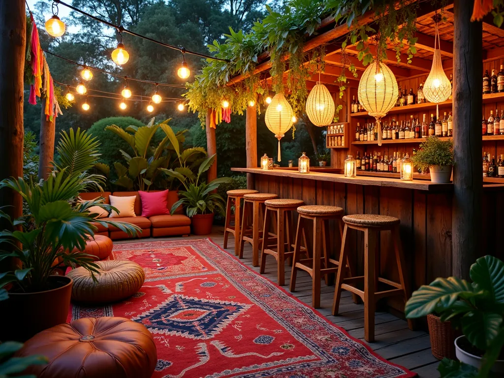 Bohemian Garden Bar at Twilight - A dreamy outdoor garden bar space at twilight, photographed with a wide-angle lens capturing the entire cozy scene. String lights and colorful paper lanterns create a magical festival atmosphere, draped between wooden posts. The bar features a rustic wooden counter with rattan bar stools, adorned with intricate macramé hangings and trailing plants. Scattered around are vintage leather poufs and vibrant floor cushions in jewel tones. Moroccan-style metal lanterns cast intricate shadows on a weathered wooden deck. Lush potted plants including monstera, palm, and hanging ferns create a jungle-like atmosphere. Persian-style outdoor rugs layer the space, while multicolored bunting and fabric streamers dance in the breeze. Shot at f/2.8 with subtle depth of field, capturing the warm, inviting ambiance of the bohemian entertainment space.