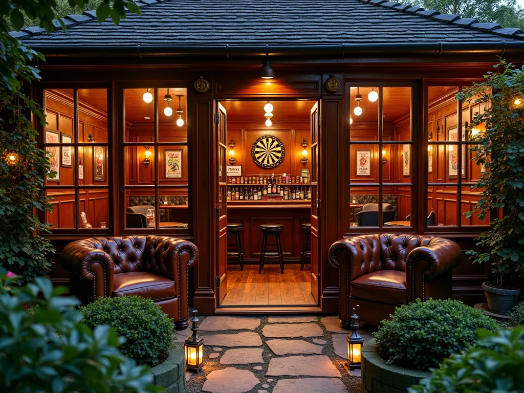 Traditional British Garden Pub Room at Dusk - A cozy garden room with floor-to-ceiling windows transformed into an authentic British pub, photographed at dusk with warm interior lighting. Rich mahogany wood paneling covers the walls, complemented by brass light fixtures and a polished wooden bar. Vintage leather Chesterfield armchairs and bar stools create intimate seating areas. A traditional dartboard hangs on one wall, surrounded by vintage British beer advertisements and pub memorabilia. Climbing roses and ivy frame the exterior windows, while copper lanterns illuminate the stone path leading to the entrance. The scene is captured with a wide-angle lens, showing both the inviting interior and the surrounding garden landscape, with soft bokeh effects from string lights hanging in nearby trees. High-quality architectural photography with perfect exposure balancing interior and exterior lighting.