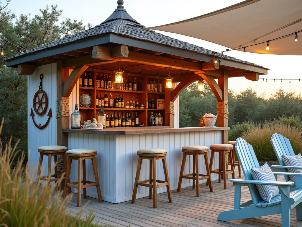 Coastal Beach Garden Bar at Sunset - A stunning wide-angle shot of a weathered wood garden bar pavilion at golden hour, nestled in a coastal-style backyard. The structure features distressed white-washed timber, pale blue accents, and nautical rope details wrapped around supporting posts. A curved bar counter made from reclaimed driftwood hosts vintage-style rattan bar stools with cream cushions. Hanging naval lanterns cast a warm glow, while weathered oars and ship wheels adorn the walls. Coastal grasses sway in the foreground, with decorative blue beach glass bottles catching the evening light. Canvas sail shades provide elegant coverage, while string lights create a magical atmosphere. Weathered deck furniture including Adirondack chairs in pale blue and white create comfortable seating areas, accessorized with striped maritime cushions. Shell and starfish decorations complete the authentic beach bar aesthetic. Shot with natural golden hour lighting creating long shadows and warm highlights across the wooden surfaces. f/8, ISO 100, 1/125