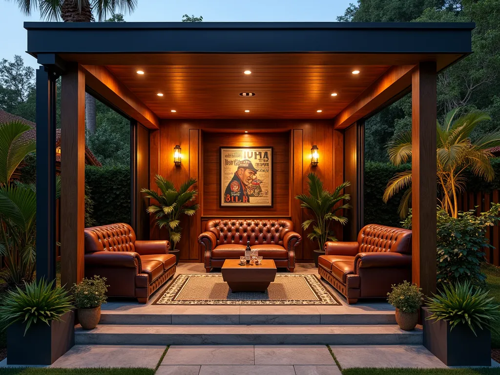 Luxurious Outdoor Cuban Cigar Lounge at Dusk - A sophisticated outdoor garden room transformed into a Cuban cigar lounge at dusk, shot with a wide-angle lens. Rich mahogany-stained wooden pergola structure with retractable canvas roof panels and sliding glass walls. Interior features plush leather Chesterfield armchairs and a custom-built wooden humidor display cabinet with ambient lighting. Vintage Cuban cigar posters adorn the weatherproof walls. Stone flooring with intricate patterns leads to a separate ventilated seating area surrounded by potted palm trees and tropical foliage. Warm, amber lighting from art deco wall sconces creates an intimate atmosphere. Small table holds cut crystal whiskey glasses and a premium cigar cutter. Climbing jasmine and night-blooming cereus provide subtle fragrance around the structure's exterior. Professional architectural lighting highlights the structure's clean lines while creating dramatic shadows. 8K resolution, highly detailed, dramatic lighting, luxury lifestyle photography