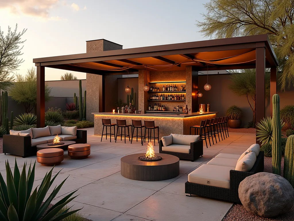 Modern Desert Oasis Garden Bar at Sunset - A stunning wide-angle DSLR photo of a luxurious desert-style garden bar at golden hour, featuring a modern stone-clad outdoor bar with weathered copper accents. The bar is set against a dramatic backdrop of tall desert succulents and cacti garden beds. A large contemporary pergola with fabric shade panels provides elegant cover, while multiple copper fire pits cast a warm glow across natural sandstone pavers. Rich earth-toned outdoor furniture with plush cushions creates intimate seating areas. Ornamental grasses sway in the foreground, while strategically placed LED lighting illuminates specimen agave and barrel cacti. Shot at f/8 with natural sunset lighting creating long shadows across the textured hardscaping. The space perfectly balances modern luxury with desert botanical elements.