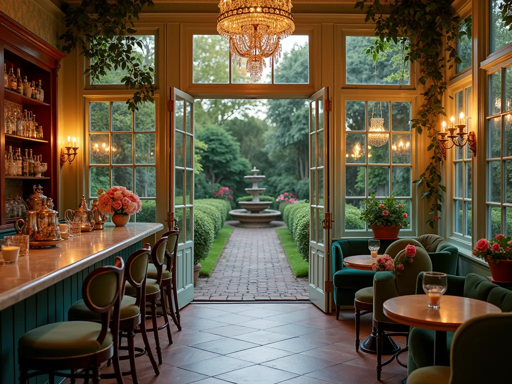 Elegant Garden Tea Room Bar at Dusk - A charming glass-walled garden room at dusk, styled as a luxurious tea room bar with a Victorian aesthetic. Wide-angle view showing elegant French doors opening to a lush garden patio. Interior features mint green floral wallpaper, crystal chandeliers, and a sophisticated wooden bar displaying vintage teapots and cocktail equipment. Antique china shelves line one wall, while comfortable velvet armchairs and brass-accented bistro tables create intimate seating areas. Soft warm lighting illuminates the space, highlighting a marble bar top adorned with fresh roses and delicate tea-cocktail preparations. Climbing roses and wisteria frame the exterior windows, while fairy lights twinkle in the surrounding garden.