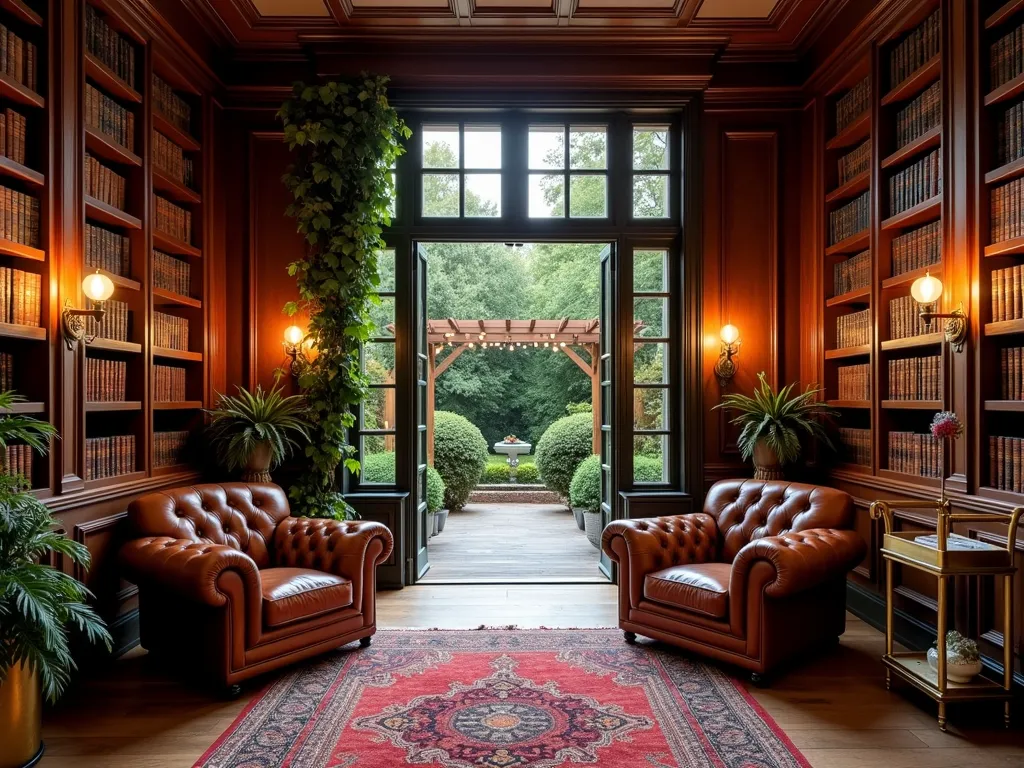 Twilight Garden Library Bar Haven - A luxurious garden room at dusk featuring floor-to-ceiling mahogany bookshelves illuminated by warm brass wall sconces and pendant lights. The space opens to a lush garden through large French doors. Deep leather Chesterfield armchairs and a vintage brass bar cart sit on a rich Persian rug. A classic rolling library ladder leans against the shelves. Climbing ivy frames the doorway, while potted ferns add natural elements. Edison bulb string lights create a magical ambiance across the outdoor pergola visible through the doors. Wide-angle perspective capturing both interior coziness and garden connection. Photorealistic, architectural detail, warm lighting, elegant design.