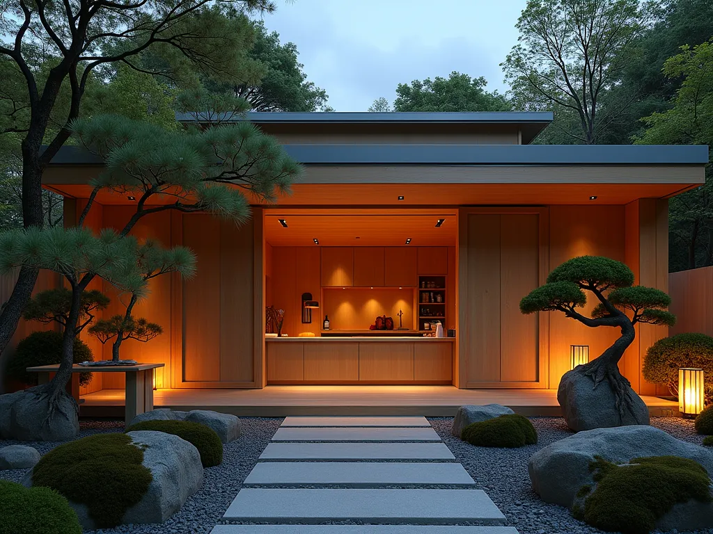 Modern Japanese Garden Sake Bar at Dusk - A serene Japanese-inspired outdoor garden bar at dusk, photographed with a wide-angle lens. A minimalist wooden structure with sliding shoji screens opens to a zen garden. The sunken bar area features a sleek light maple counter with traditional floor cushions. Clean architectural lines frame the space, while carefully placed bonsai trees add natural elements. Soft lantern lighting creates a warm ambient glow, reflecting off the polished wood surfaces. Stone pathways lead to the bar through a manicured rock garden with moss accents. The space seamlessly blends indoor-outdoor living with modern minimalist design and traditional Japanese elements. Shot at f/8, ISO 100, capturing the golden hour lighting with perfect clarity and depth. DSLR photography, 16-35mm lens.