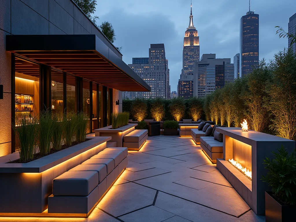 Luxurious Urban Rooftop Bar Garden - A stunning wide-angle twilight photograph of a contemporary rooftop bar garden with Manhattan skyline views, captured with a 16-35mm lens at f/2.8, ISO 400. The space features sleek modular furniture in charcoal grey and brass accents, with a retractable glass roof system partially opened. LED strip lighting illuminates built-in wooden benches and minimalist planters containing tall ornamental grasses. A polished concrete bar with hidden storage features ambient under-lighting, while scattered heat lamps create a warm glow. Geometric floor tiles incorporate subtle heating elements, and vertical garden walls showcase cascading plants. Strategic placement of potted bamboo creates intimate zones, while modern fire features add warmth and ambiance. The composition emphasizes the seamless indoor-outdoor flow with floor-to-ceiling sliding glass panels.