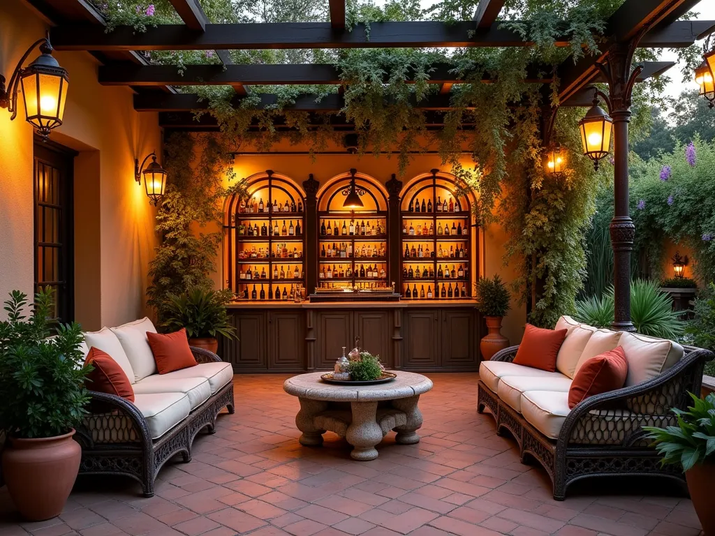 Luxurious Mediterranean Garden Wine Bar at Dusk - A stunning outdoor garden room wine bar at dusk, photographed with a wide-angle lens at f/2.8, capturing the warm ambiance of a Mediterranean retreat. Rustic terracotta tiles line the floor, leading to an elegant glass-fronted wine wall illuminated by soft amber lighting. Ornate wrought iron pergola frames the space, draped with flowering wisteria and mature grape vines. Plush cream-colored outdoor sofas with terra cotta cushions arranged around a carved stone coffee table. Vintage-style pendant lights cast a romantic glow, while copper lanterns flicker with candlelight. The bar features weathered wood and wrought iron details, with Mediterranean pottery and herbs adding authentic charm. Shot at golden hour with natural light mixing with warm artificial lighting, creating a sophisticated and inviting atmosphere.