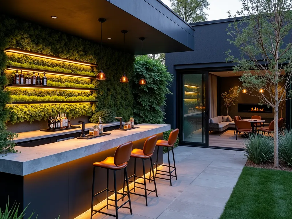 Modern Botanical Gin Bar Garden - A sophisticated outdoor garden room bar at twilight, photographed with a wide-angle lens at f/2.8. The modern space features a dramatic living wall filled with fresh herbs and botanicals, illuminated by warm LED strip lighting. In the foreground, a sleek concrete bar with matte black fixtures showcases an artfully arranged collection of premium gin bottles on floating glass shelves. The bar area includes built-in planters with freshly grown mint, thyme, and lavender. Clean lines and minimalist design elements are enhanced by contemporary bar stools in brushed steel and leather. Copper cocktail mixing stations are positioned beneath pendant lights, while geometric garden furniture creates intimate seating areas. The space transitions seamlessly to the garden through large glass sliding doors, with subtle landscape lighting highlighting architectural plants.