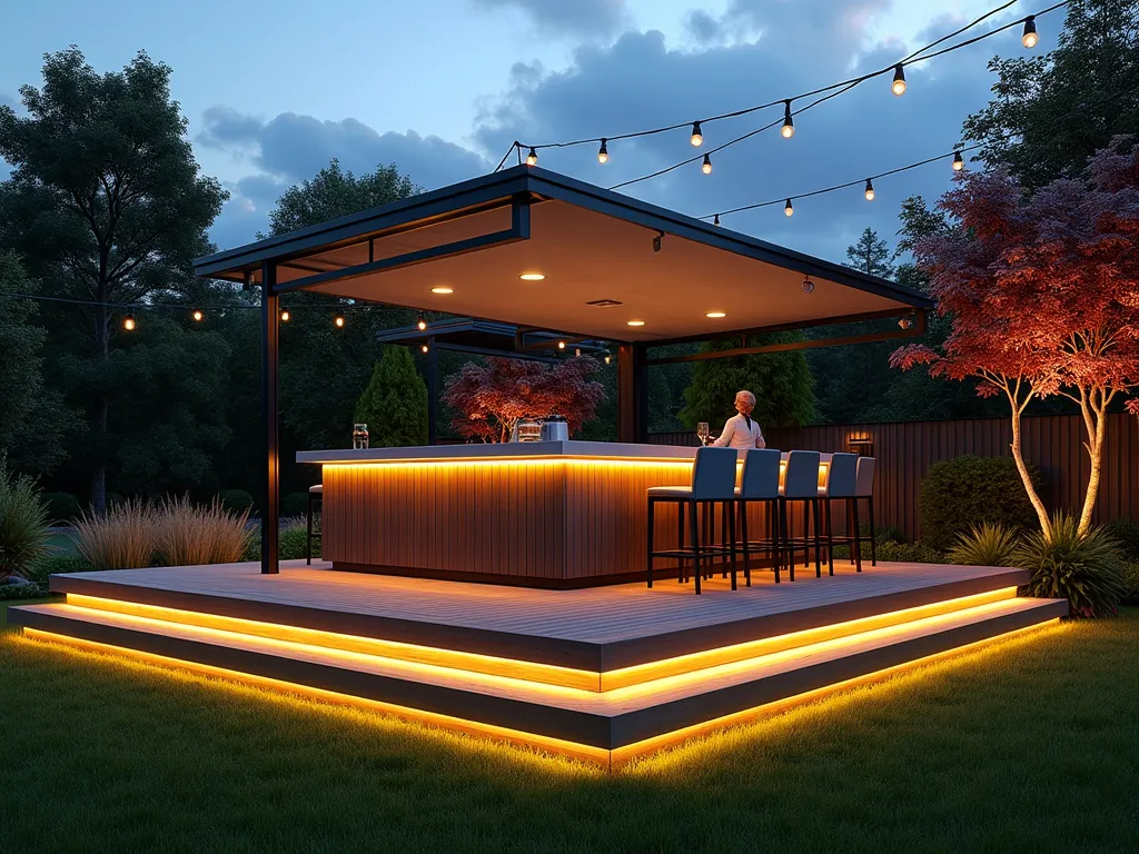 Modern Floating Deck Bar at Twilight - A stunning wide-angle twilight shot of an elevated floating deck bar in a contemporary garden setting. The deck appears to hover above manicured lawn, supported by hidden structural elements. Sleek frameless glass barriers with LED strip lighting underneath create an ethereal floating effect. The modern outdoor bar features weathered teak and brushed steel finishes, complemented by minimalist bar stools. A retractable grey canvas canopy system provides shelter. Integrated floor lighting casts a warm glow across the deck's composite materials. String lights criss-cross overhead, while strategic uplighting illuminates surrounding Japanese maple trees and ornamental grasses. The bar area includes built-in refrigeration and a polished concrete countertop. Photorealistic, architectural visualization, cinematic lighting.