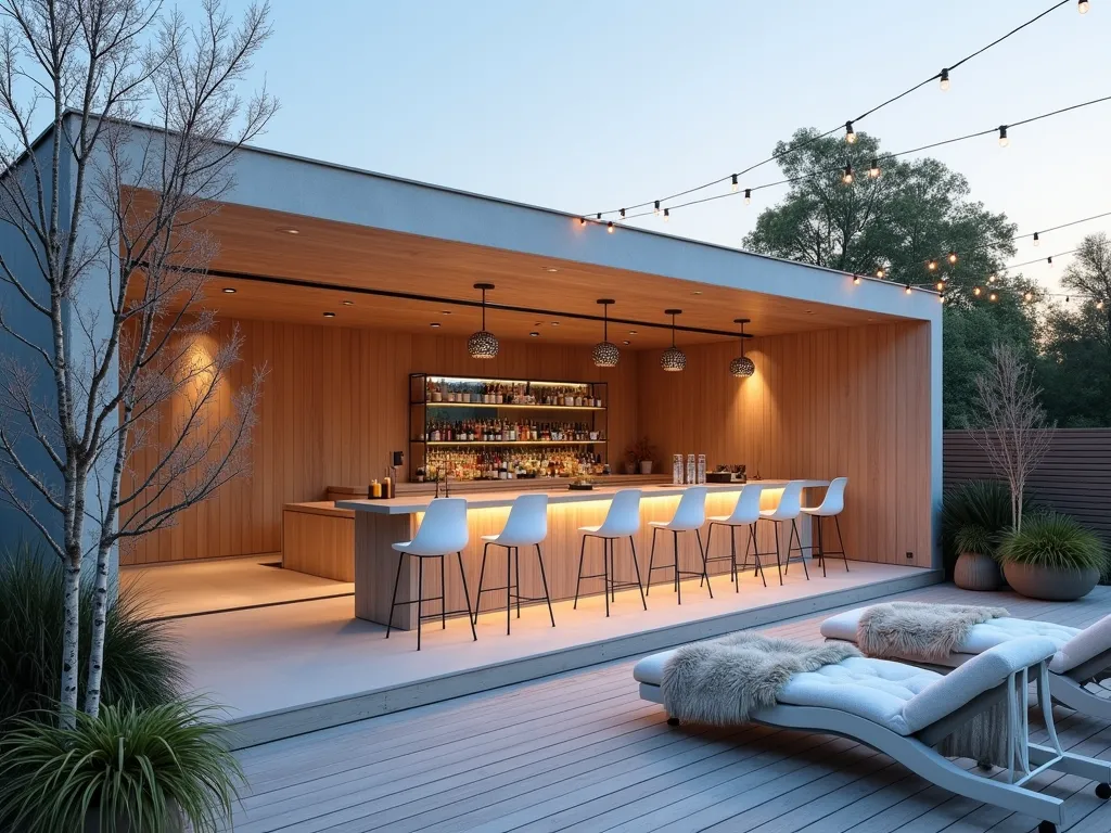 Modern Scandinavian Outdoor Bar at Dusk - A sleek outdoor garden bar at dusk, photographed with a wide-angle 16-35mm lens at f/2.8. The minimalist Scandinavian-style structure features clean lines and natural materials, with light oak wood paneling and white concrete surfaces. The bar counter flows seamlessly from indoor to outdoor space through floor-to-ceiling sliding glass doors. Geometric pendant lights cast a warm glow over modern white bar stools. Plush sheepskin throws drape over minimalist lounge chairs, while potted white birch trees and ornamental grasses add natural elements. String lights zigzag overhead, creating an intimate atmosphere against the twilight sky. The deck features light gray composite boards arranged in a geometric pattern, complementing the modern aesthetic.