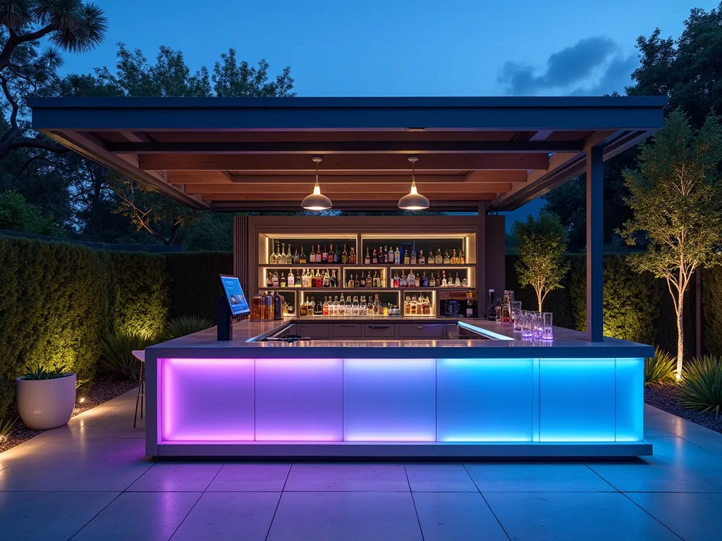 Modern Smart Garden Bar at Twilight - A sleek, modern outdoor bar set against a twilight garden backdrop, photographed with a wide-angle DSLR lens at f/8. The bar features illuminated smart glass countertops with embedded wireless charging stations and interactive digital menu displays. Ambient LED strip lighting in cool blues and purples traces architectural elements, while smart pendant lights hover above. The bar's minimalist structure combines brushed steel and tempered glass, with a floating digital control panel for music and climate settings. Surrounding landscape includes architectural plants lit by smart garden lights, with a pergola overhead featuring automated retractable screens. The scene captures the intersection of nature and technology, with subtle fog effects and strategic uplighting creating a futuristic atmosphere. Shot during blue hour for optimal lighting balance between artificial and natural light.