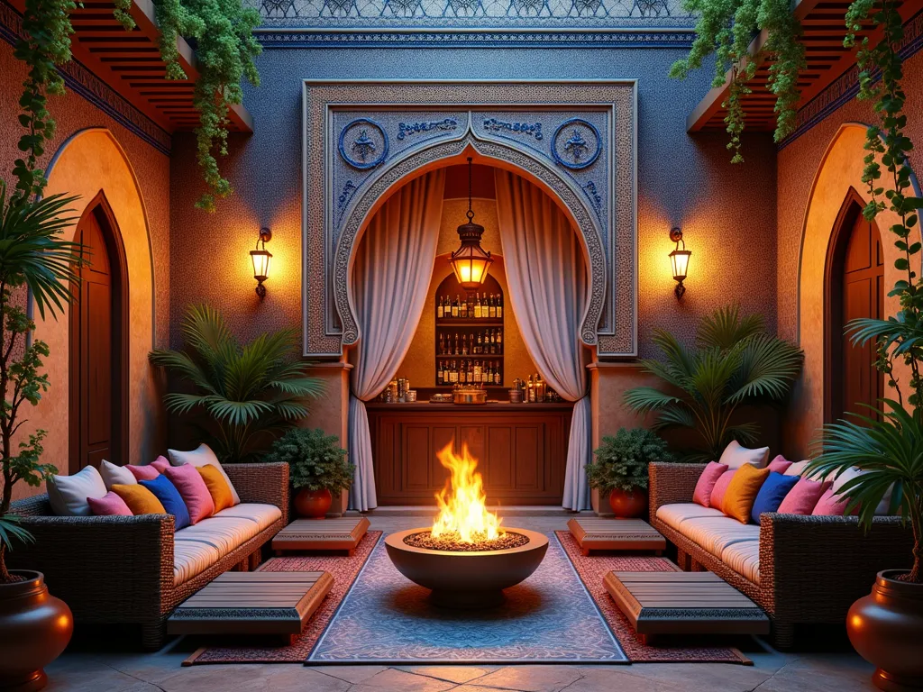 Luxurious Moroccan Garden Bar at Dusk - A stunning twilight scene of an intimate outdoor Moroccan-inspired garden bar space, featuring intricate blue and gold mosaic tiles adorning the walls and bar counter. A grand copper-finished arched doorway serves as the entrance, draped with sheer white curtains gently swaying in the breeze. Ornate brass and colored glass lanterns hang at varying heights, casting warm, ambient lighting across the space. Low-lying wooden platforms covered with vibrant jewel-toned cushions and throws create cozy seating areas around a central ornate fire pit. Traditional hookah pipes rest on detailed brass tables, while climbing jasmine and potted palm trees add natural elements. Mediterranean-style terracotta planters filled with fragrant herbs line the perimeter. The space is photographed from a wide angle, capturing the magical interplay of lantern light and sunset hues, with subtle smoke wisps adding to the atmospheric mood. Photorealistic, architectural detail, warm evening lighting.