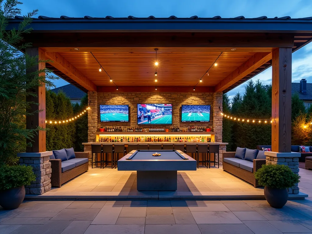 Luxurious Outdoor Sports Bar Pavilion - A wide-angle twilight shot of an elegant outdoor pavilion transformed into a sophisticated sports bar retreat. The spacious covered structure features rich cedar beams and modern glass sliding doors. Three large weatherproof TVs mounted on stone-clad walls display different sports channels. Premium rattan booth seating with navy cushions lines one wall, while a polished concrete bar with industrial-style pendant lighting anchors the space. A vintage-style pool table sits under warm ambient lighting. Sports memorabilia and team pennants tastefully decorate the walls. String lights crisscross overhead, creating a warm ambiance. Lush Boston ivy climbs decorative trellises, while potted bamboo provides natural screening. The stone flooring transitions to a connected patio area with additional lounge seating. Professional architectural lighting illuminates the scene, casting dramatic shadows and highlighting the structural elements. Shot with shallow depth of field focusing on the central bar area.