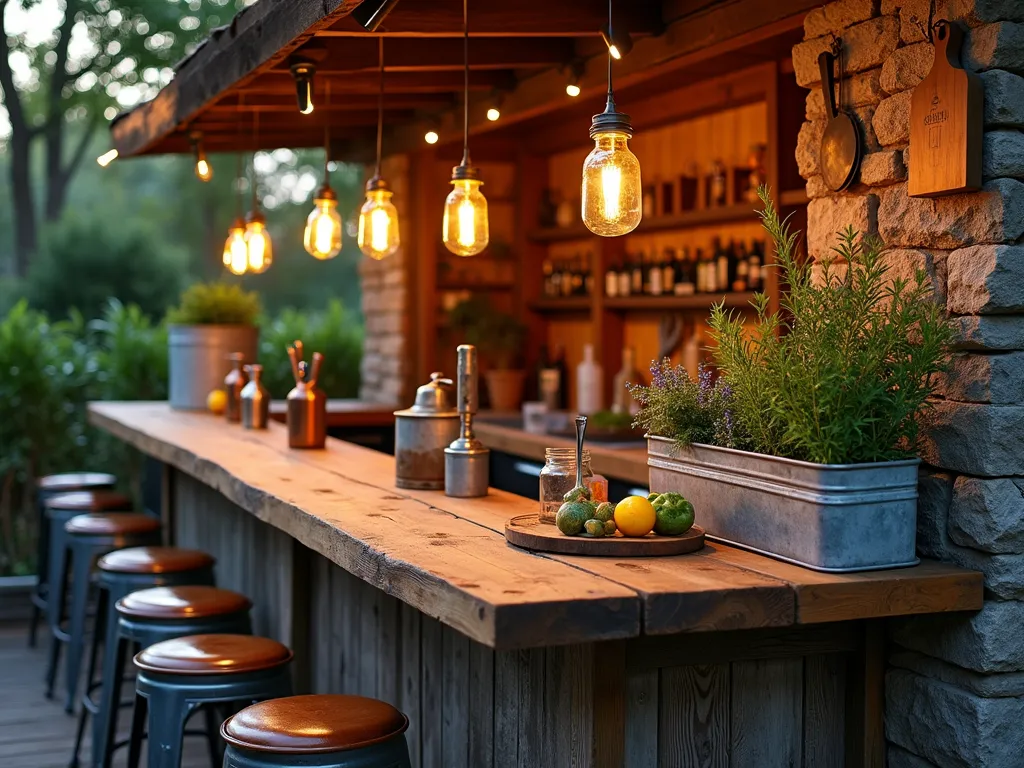 Rustic Garden Bar with Farm-to-Table Elements - A twilight wide-angle DSLR shot of an enchanting rustic outdoor bar space, featuring reclaimed barn wood bar counter with a weathered patina, set against a garden backdrop. Mason jar pendant lights cast a warm glow over the weathered wood preparation area. Vintage farm tools artfully displayed on the natural stone wall behind the bar. To the right, a flourishing raised herb garden with sage, rosemary, mint, and lavender in galvanized metal planters. Fresh-cut herbs and citrus fruits arranged on a vintage wooden cutting board. Antique metal bar stools with leather seats line the bar. Copper muddlers and cocktail equipment gleam in the evening light. Shot at f/8 with natural and ambient lighting creating a cozy, authentic atmosphere.