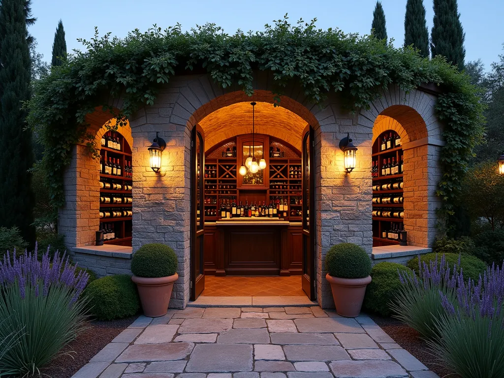 Rustic Garden Wine Cellar Bar at Twilight - A luxurious outdoor garden wine cellar bar photographed at twilight with DSLR camera, f/8 aperture, showing a wide-angle view of a partially subterranean stone structure with weathered brick archways. Warm, ambient lighting spills through antique-style glass windows, illuminating a cobblestone pathway lined with potted lavender. The entrance features aged wooden doors with wrought iron details. Inside, visible through the doorway, custom floor-to-ceiling wine racks crafted from dark oak hold an impressive collection of bottles. Modern temperature control vents are discretely integrated into the stone walls. Pendant lights with vintage filament bulbs cast a warm glow over a polished concrete bar top. Climbing ivy and wisteria drape naturally over the structure's exterior, while copper wall sconces provide atmospheric lighting. The surrounding garden features Mediterranean cypress trees and ornamental grasses, creating a Tuscan-inspired atmosphere. Terracotta pots with rosemary bushes flank the entrance.