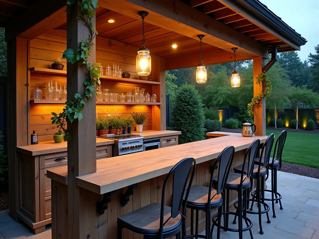 Rustic Oak Garden Bar at Dusk - A stunning outdoor garden bar at dusk, featuring a handcrafted oak bar station with weathered wood finishes under a covered patio area. The bar includes wrought iron brackets and hardware, with ambient lighting illuminating the natural wood grain patterns. Medium-wide shot showing built-in shelving displaying vintage glassware against a matching oak plank backsplash. Mason jar pendant lights cast a warm glow over the polished bar top, while potted herbs and climbing vines add organic elements. Dark iron bar stools complement the rustic aesthetic, with subtle landscape lighting in the background garden creating depth and atmosphere.