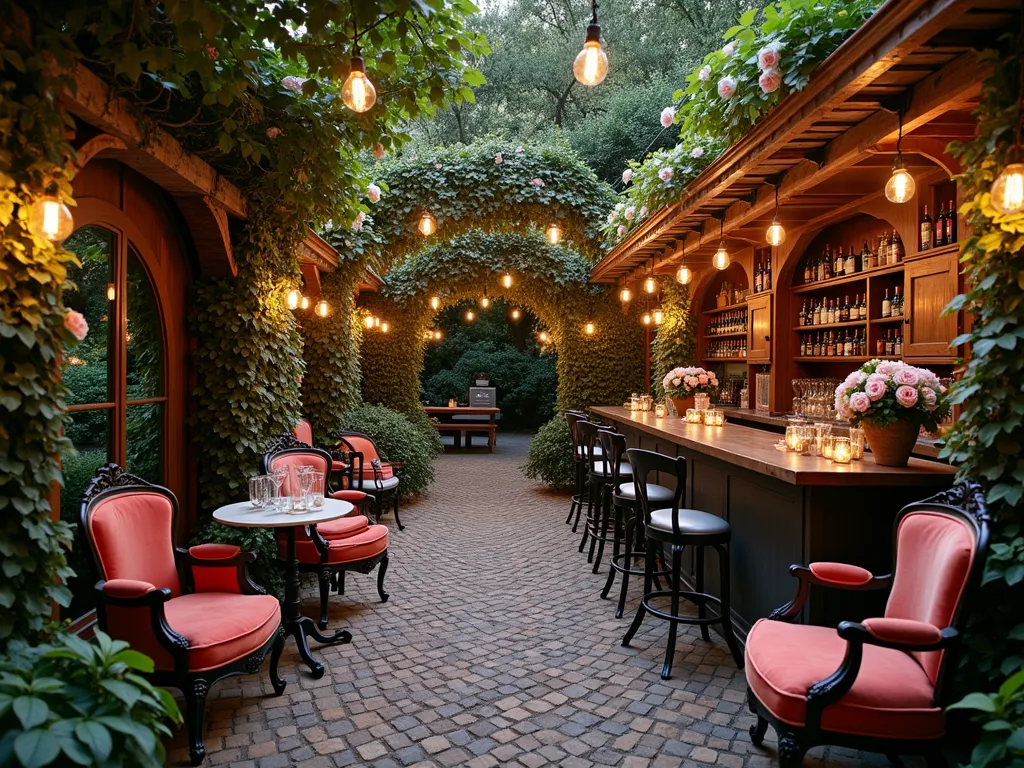 Enchanted Secret Garden Bar at Twilight - A magical twilight scene of a secluded garden bar, photographed in wide angle, showing a winding cobblestone path leading through an ivy-covered archway. Climbing pink and white roses cascade over weathered wooden pergolas. Vintage wrought-iron furniture creates intimate seating nooks, complemented by mismatched Victorian-style armchairs upholstered in rich velvet. Soft, warm lighting emanates from antique brass lanterns and delicate fairy lights woven through the foliage. Crystal decanters and vintage glassware sparkle on a reclaimed wood bar. Hidden between mature flowering shrubs, the space features multiple cozy drinking areas connected by secret pathways. Copper Edison bulb string lights cast a romantic glow across the scene, while Japanese maple trees provide dappled shade. The atmosphere is ethereal and mysterious, with a perfect balance of wild garden charm and sophisticated entertaining space.