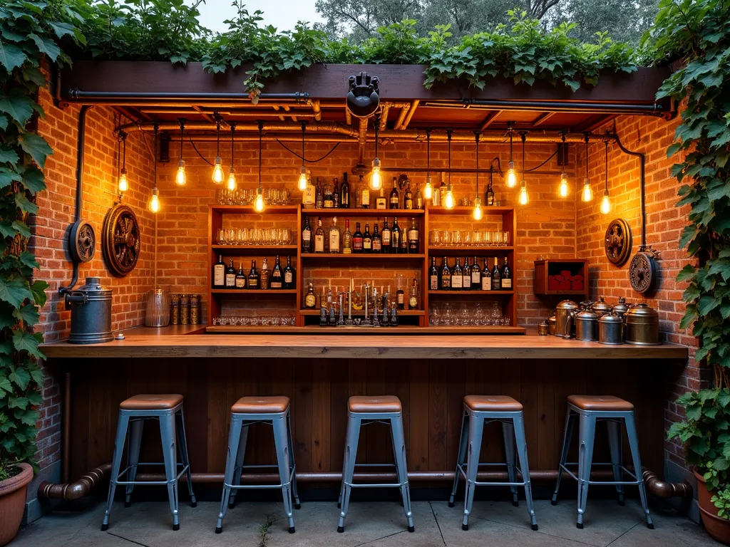 Steampunk Garden Bar at Dusk - A stunning garden bar space at dusk, photographed with a DSLR camera using a wide-angle lens. The bar structure features weathered copper pipes interweaving across rustic brick walls, with exposed brass fittings and gauges. Warm Edison bulbs suspended from industrial pulleys cast a golden glow across the scene. The bar counter is made from reclaimed wood and decorated with vintage machinery gears. Artistic storage solutions include wall-mounted copper pipe wine racks and repurposed industrial containers. Metal bar stools with leather seats complement the Victorian-industrial aesthetic. The surrounding garden space features copper lanterns and climbing ivy on weathered brick walls. Shot at f/8, ISO 100, 1/125 sec, capturing the magical interplay of natural twilight and ambient lighting from the Edison bulbs.