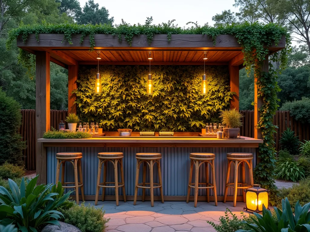 Sustainable Garden Bar Oasis - A stunning twilight photograph of an eco-friendly outdoor bar space nestled within a lush garden setting. The bar structure features weathered reclaimed wood and corrugated metal, illuminated by warm solar-powered pendant lights. A dramatic living wall spans the backdrop, densely planted with cascading ferns and flowering vines. The bar counter, made from polished reclaimed timber, showcases an integrated herb garden with fresh mint, basil, and lavender. Recycled glass pendant lights cast a warm glow over sleek bamboo bar stools. Solar-powered lanterns dot the surrounding space, while a rainwater collection system elegantly integrates into the design. Shot with a wide-angle lens capturing the entire space, with the golden hour sun creating dramatic shadows and highlighting the natural textures. The composition includes trailing plants and vertical gardens that seamlessly blend the bar into its surroundings, photographed at f/8 for optimal depth of field, emphasizing both the architectural details and the lush plantings.