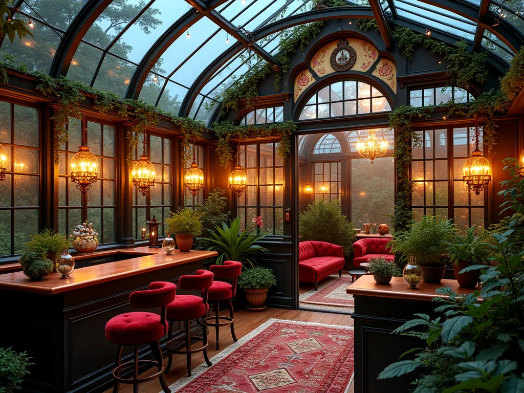 Victorian Greenhouse Cocktail Lounge at Dusk - A stunning wide-angle DSLR photo of an elegant Victorian-style greenhouse converted into a cocktail lounge, captured at dusk with warm ambient lighting. The glass structure features ornate metalwork and climbing jasmine, with crystal chandeliers casting a soft glow inside. Interior showcases intimate velvet seating areas arranged among potted palms and trailing ivy. A central copper-topped bar displays fresh herbs in terrariums, including mint, basil, and lavender for cocktails. Persian rugs on wooden floors, botanical prints on walls, and vintage bar carts create a luxurious atmosphere. Twinkling string lights weave through the greenhouse framework, while external landscape lighting illuminates surrounding garden beds filled with hydrangeas and boxwood. Shot at f/8 for exceptional detail, capturing both interior warmth and twilight garden ambiance through the glass panels. 8K resolution, photorealistic, architectural photography