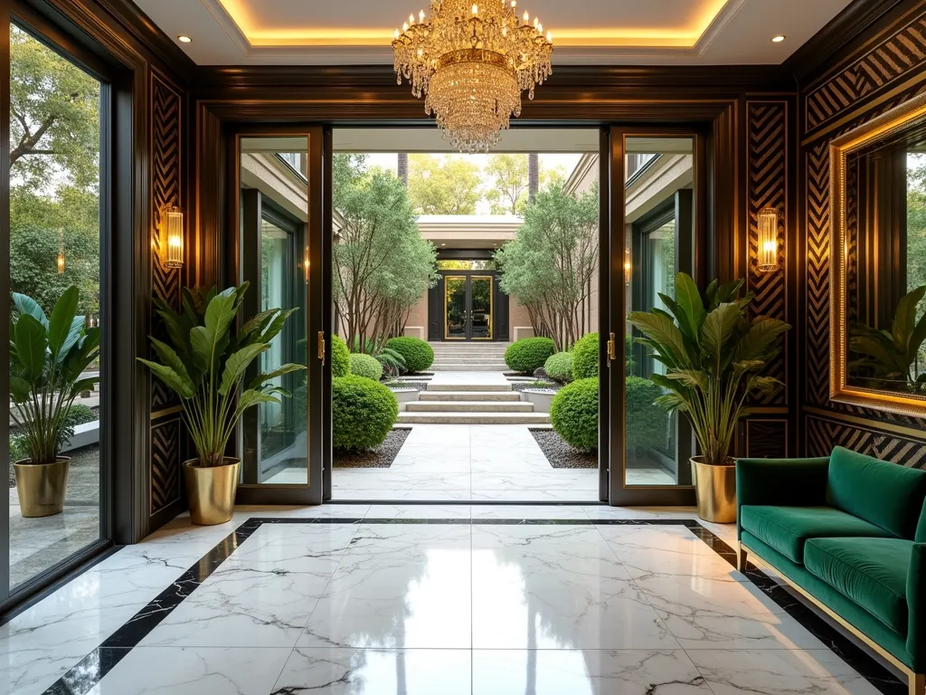 Art Deco Garden Room Extension - A luxurious garden room extension with floor-to-ceiling chevron-patterned bronze frames and glass panels, featuring elegant stepped architectural details and geometric motifs. The interior-exterior space seamlessly blends with a manicured garden through sliding glass doors. Black and gold geometric railings frame a stepped terrace with symmetrical potted palm trees. White marble flooring with black geometric inlays extends from the interior to an outdoor patio. Crystal chandeliers illuminate the space, while mirrored accent walls reflect the garden. Emerald green velvet furnishings and brass accents complete the sophisticated 1920s aesthetic. Architectural photography style, golden hour lighting