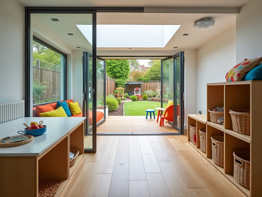 Modern Children's Garden Room with Indoor-Outdoor Play Space - A bright, contemporary garden room extension with floor-to-ceiling sliding glass doors opening to a child-friendly garden, photographed in natural daylight. The interior features colorful, wipeable cushions, built-in storage cubes with woven baskets, and child-height activity tables. The connected outdoor space includes a small climbing frame with safety mulch, raised sensory garden beds with child-safe plants, and a covered wooden deck transition area. The room has white walls, natural wood flooring, and pops of primary colors in the furnishings. Ceiling features pendant lights shaped like clouds, creating a playful atmosphere. Architectural photography style, wide angle view showing both interior and exterior spaces seamlessly connecting.