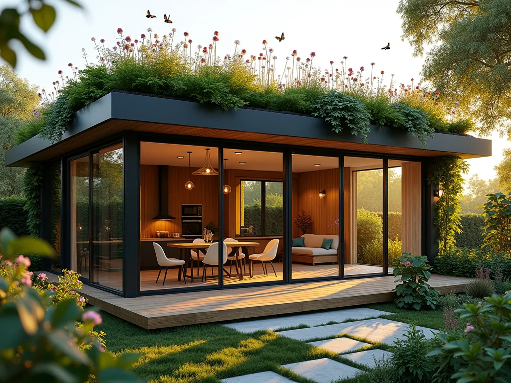 Modern Eco Garden Room with Living Roof - A contemporary glass-walled garden room extension with a lush living green roof, photographed during golden hour. The roof features a vibrant mix of sedum plants, native wildflowers, and ornamental grasses cascading over the edges. The structure seamlessly integrates with a landscaped garden, with large sliding glass doors opening onto a wooden deck. Natural light streams through the windows, illuminating a cozy interior space visible through the glass. Butterflies and bees hover around the flowering roof plants, while climbing vines partially frame the modern structure. The surrounding garden includes natural stone pathways and strategic lighting, creating an atmospheric architectural photograph that emphasizes sustainable living and biophilic design, photorealistic, high-end architectural photography style