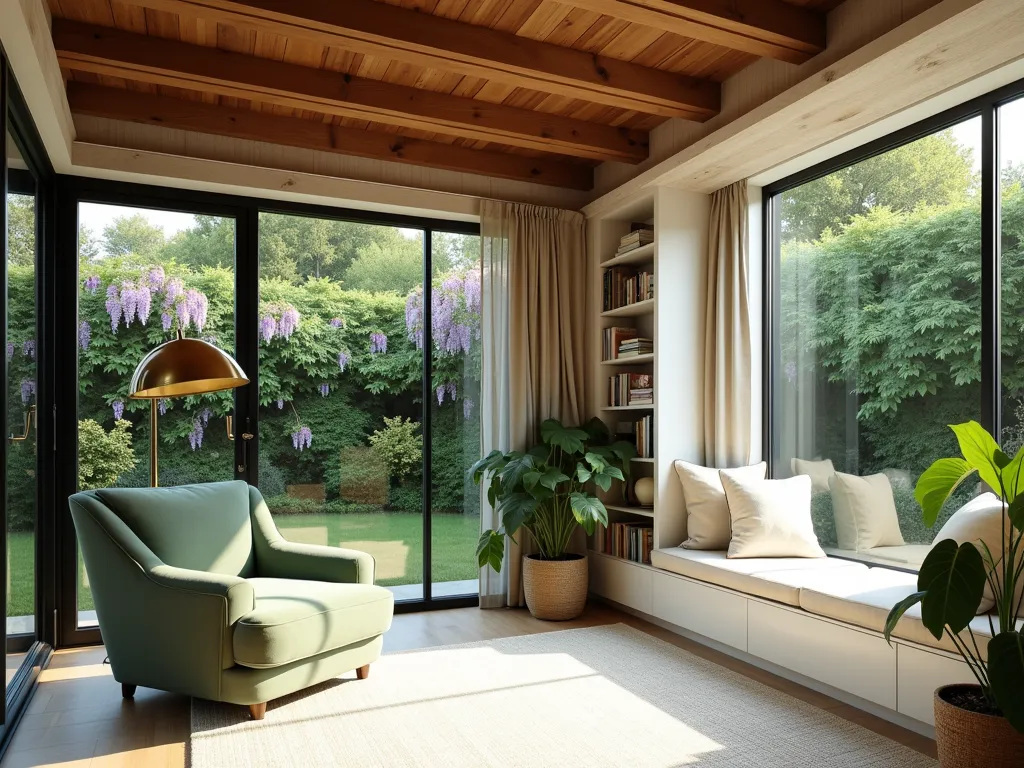 Sunlit Garden Library Retreat - A serene modern glass-walled garden room extension filled with natural light, featuring floor-to-ceiling built-in white bookcases along one wall. A plush oversized reading chair in sage green velvet sits beside a sleek brass floor lamp. Large picture windows showcase a lush garden view with flowering wisteria and climbing roses. Exposed wooden ceiling beams add warmth, while potted fiddle leaf figs and trailing pothos plants bring the outdoors in. A cozy window seat with cream cushions offers additional reading space beneath dappled sunlight. The exterior is partially covered in weathered cedar cladding, with contemporary black window frames. Professional architectural photography style, soft natural lighting, 4k quality.