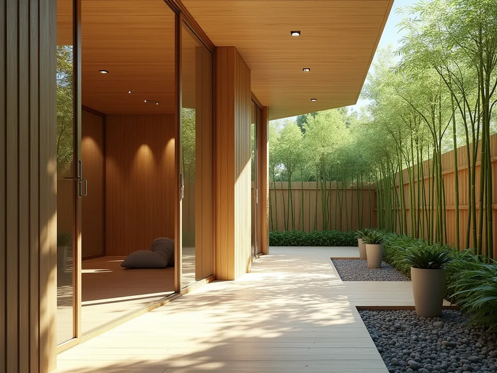 Serene Garden Yoga Studio with Floor-to-Ceiling Windows - A modern, minimalist garden yoga studio with floor-to-ceiling windows and sliding glass doors, surrounded by tall bamboo plants for privacy. The studio features light wooden flooring, one wall with full-length mirrors, and a floating ceiling with soft recessed lighting. The exterior is clad in natural cedar wood with a zen rock garden path leading to the entrance. Soft morning light filters through the bamboo, creating peaceful shadows on the studio floor. The space includes a small meditation corner with floor cushions and trailing plants in modern concrete planters. Photorealistic, architectural photography style, soft natural lighting.