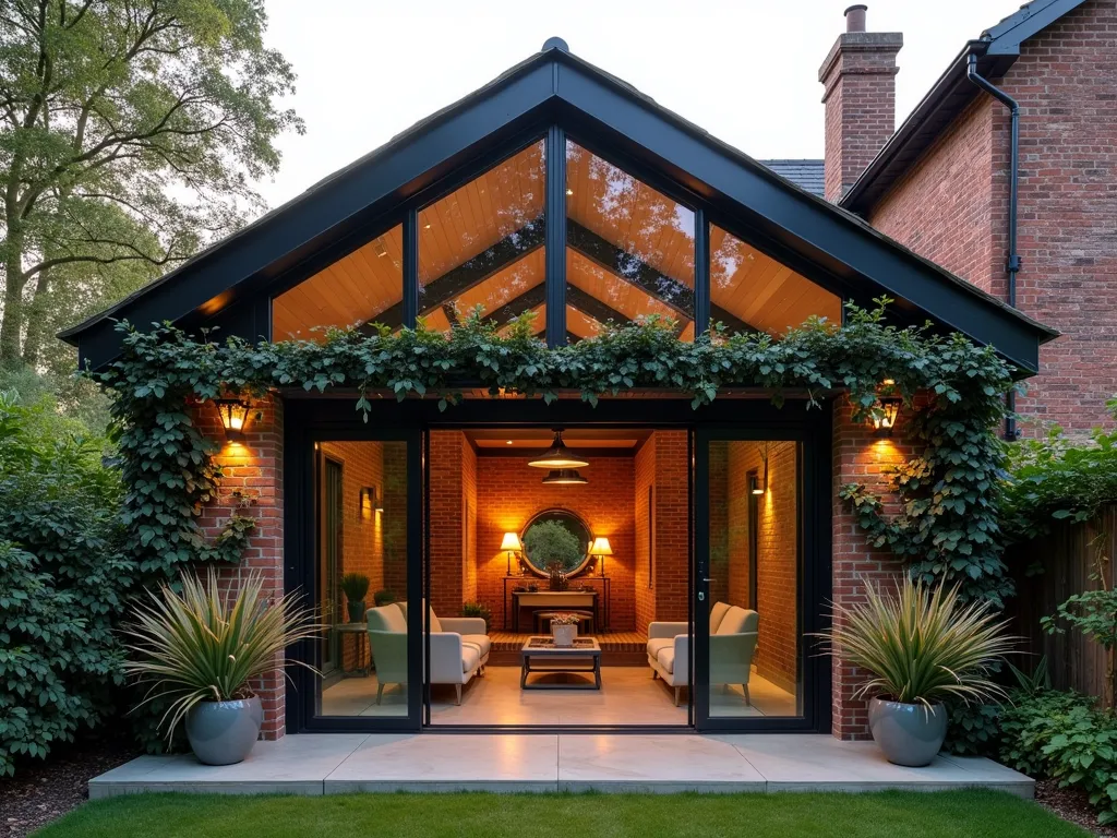 Modern Industrial Garden Room with Steel Framework - A stunning modern garden room extension with floor-to-ceiling industrial-style black steel-framed windows, exposed brick walls, and industrial light fixtures. The structure features a dramatic angular roof with exposed steel beams. Inside, a cozy seating area is visible, with modern furniture and pendant lighting. The extension is surrounded by lush greenery, including tall ornamental grasses and climbing vines that partially cover the brick walls, creating a beautiful contrast between industrial architecture and natural elements. The evening golden hour lighting casts dramatic shadows through the steel framework onto the polished concrete floor.