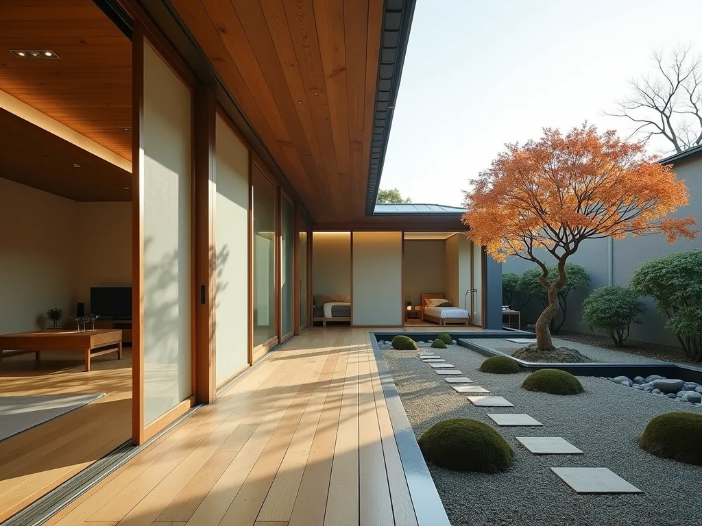 Modern Japanese Garden Room with Zen Elements - A serene Japanese-inspired garden room extension with floor-to-ceiling sliding shoji screens, showcasing a minimalist architectural design. The structure features natural wood beams, clean lines, and a low-pitched roof with extending eaves. Large glass panels frame a meticulously maintained zen garden with raked gravel patterns, moss-covered stones, and a single elegant maple tree. The interior space is sparsely decorated with tatami mats and natural bamboo furnishings, creating a seamless indoor-outdoor flow. Soft, natural light filters through the translucent screens, casting gentle shadows on the polished wooden floor. A small water feature with smooth river rocks provides gentle background sounds, while carefully placed stepping stones lead from the garden room to the surrounding landscape.