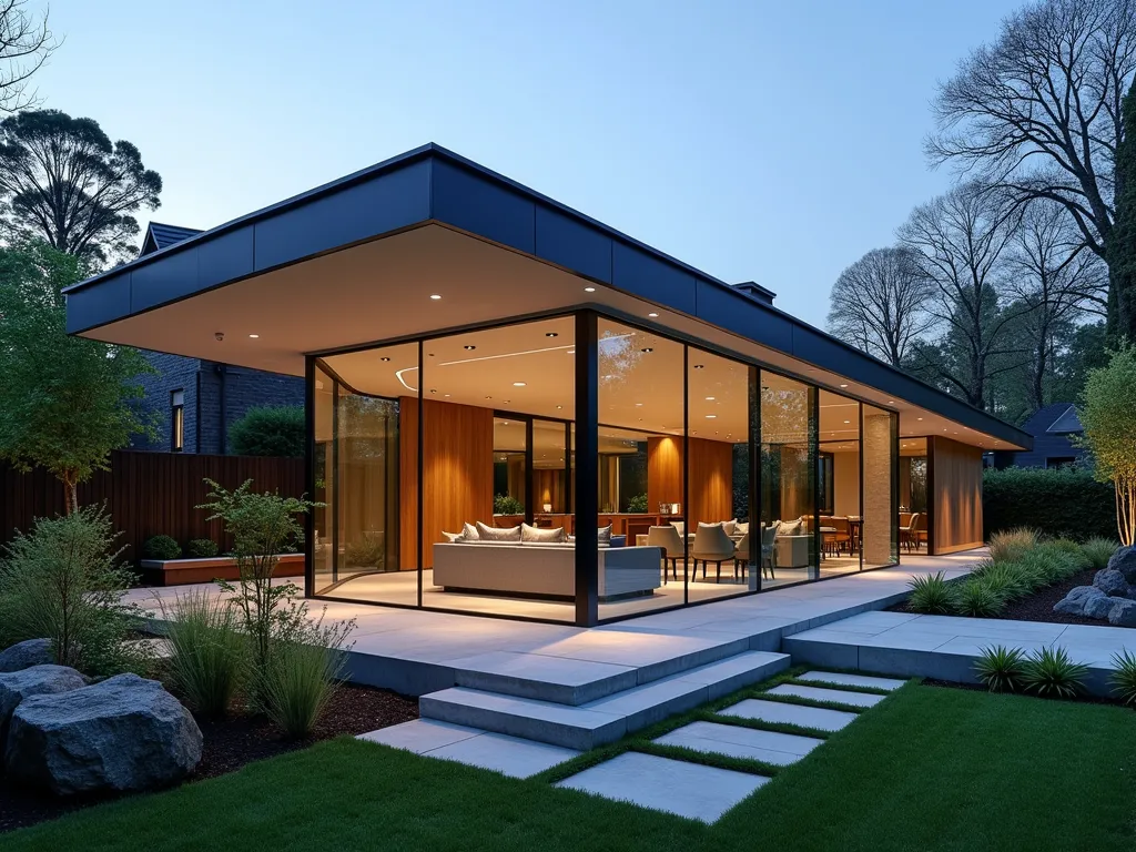 Luxury Curved Glass Garden Room - A modern architectural masterpiece featuring a curved glass garden room extension seamlessly connected to a contemporary home. The extension has floor-to-ceiling curved glass panels that follow a gentle arc, reflecting the evening sky. Inside, elegant modern furniture faces the landscaped garden. The surrounding space includes manicured lawn areas, architectural plants like tree ferns and bamboo, and raised stone planters with ornamental grasses. Soft landscape lighting illuminates the garden, creating a magical atmosphere as dusk approaches. The curved glass structure appears to float above a pale stone patio, with slim supporting columns barely visible.