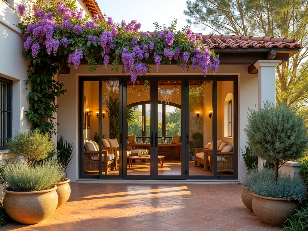 Mediterranean Garden Room with Climbing Vines - A stunning Mediterranean-style garden room extension with floor-to-ceiling windows, whitewashed stucco walls, and terracotta tiled flooring. Abundant wisteria and bougainvillea cascade elegantly over rustic wooden pergolas attached to the structure. The bright, airy interior features comfortable rattan furniture and potted olive trees. Sunlight streams through the glass panels, creating warm, dappled shadows on the terracotta tiles. Stone planters with lavender and rosemary line the entrance, while climbing jasmine frames the doorway. Architectural details include arched windows and wrought iron accents. Shot during golden hour with soft, warm lighting.