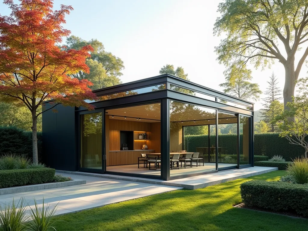 Modern Glass Cube Garden Room - A stunning minimalist glass cube garden room extension with floor-to-ceiling windows, seamlessly connected to a contemporary garden. The structure features clean lines and transparent walls, floating on a slim concrete base. Surrounded by architectural grass plantings and geometric boxwood hedges. Soft morning light filtering through the glass, creating ethereal reflections. Modern charcoal-colored frame elements, with sliding glass doors opening to a sleek limestone patio. Japanese maple providing a natural focal point against the transparent structure.