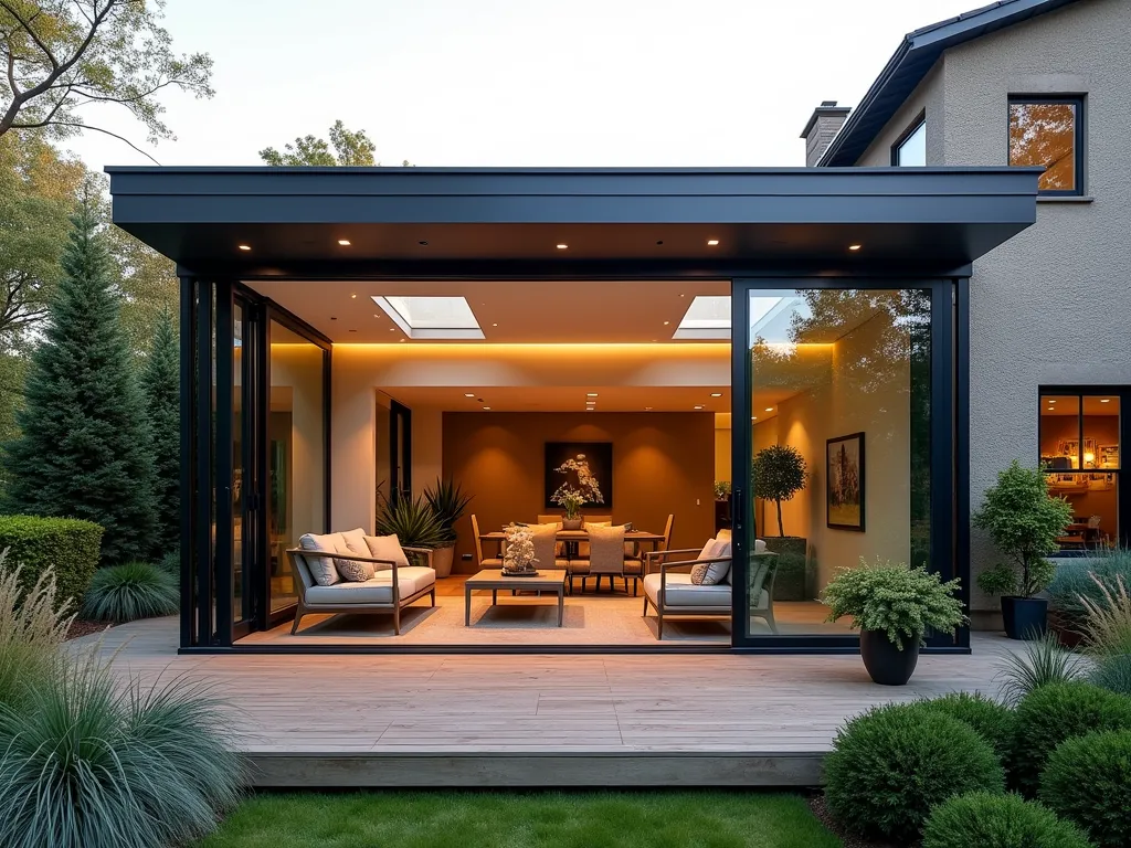 Modern Four-Season Garden Room - A luxurious modern glass garden room extension with floor-to-ceiling windows and a sleek aluminum frame, photographed during golden hour. The structure features automated skylights, elegant retractable shading systems, and bifold doors that open fully to a surrounding deck. Interior shows comfortable contemporary furniture, potted indoor plants, and climate control systems subtly integrated into the design. Outside, seasonal plants frame the structure, with evergreen shrubs, ornamental grasses, and flowering perennials creating year-round interest. Warm interior lighting creates an inviting atmosphere, while the transparent walls blur the boundary between indoor and outdoor living. 8k resolution, architectural photography style, cinematic lighting