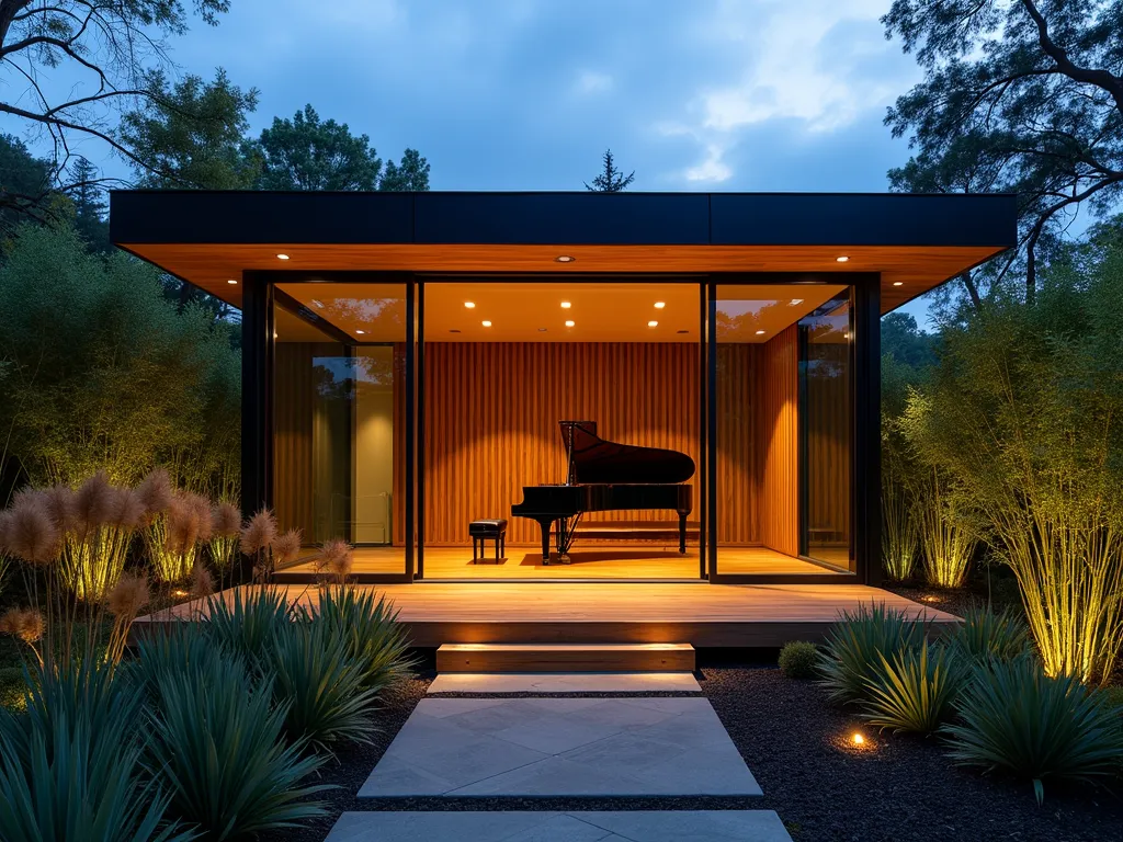 Modern Garden Music Studio with Glass Walls - A contemporary glass-walled garden music studio at dusk, surrounded by ornamental grasses and bamboo. The interior is warmly lit, revealing a grand piano and acoustic panels. Large sliding glass doors open to a wooden deck with integrated LED lighting. The structure features a floating roof design with cedar wood accents and vertical sound-dampening slats. Japanese maple trees and tall bamboo create natural privacy screens. The reflection of the studio's warm lighting creates a magical glow on the surrounding landscaping, with subtle landscape lighting illuminating the garden path leading to the entrance.