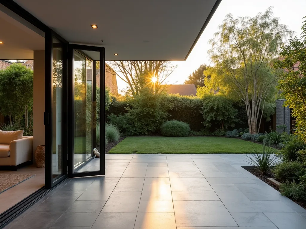 Modern Garden Room with Expansive Bi-fold Doors - A contemporary garden room extension with floor-to-ceiling bi-fold glass doors fully opened to a lush garden, photographed during golden hour. The seamless transition between indoor and outdoor spaces features a modern gray tiled floor flowing from the interior to an exterior deck. Inside, elegant minimal furniture includes a comfortable seating area with cream-colored sofas. The garden beyond showcases mature bamboo plants, ornamental grasses, and Japanese maples creating privacy. Soft evening light streams through the completely open wall, casting warm shadows across the space. The extension has a sleek flat roof with subtle downlighting, highlighting architectural features.