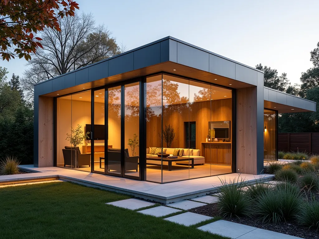 Modern Glass Garden Room Extension - A stunning modern garden room extension with floor-to-ceiling glass panels, photographed during golden hour. The minimalist glass box structure features sleek aluminum frames and seamless corners, extending from a contemporary home. Inside, elegant modern furniture is visible, while the transparent walls frame a beautifully landscaped garden with ornamental grasses and Japanese maples. The reflection of the setting sun creates a warm glow on the glass surfaces, while architectural lighting begins to illuminate the interior. Clean lines and geometric shapes dominate the design, creating a perfect harmony between indoor and outdoor spaces. Professional architectural photography style, ultra-high definition, dramatic lighting.