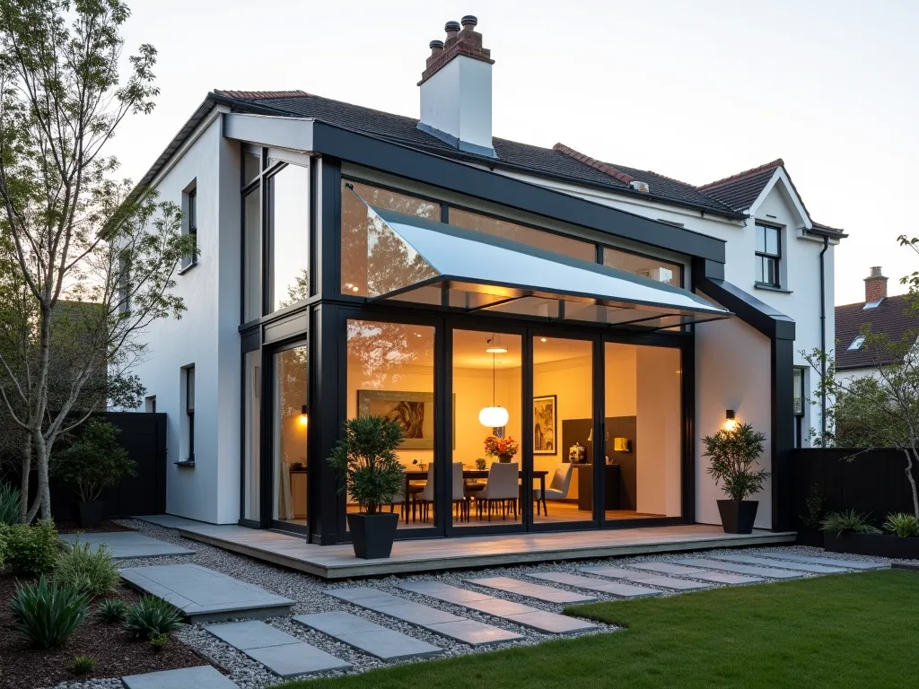 Modern Glass Lean-To Garden Room - A sleek, contemporary lean-to garden room extension with floor-to-ceiling glass panels and minimal black aluminum frames, attached to a modern white house. The extension features a flat, angled glass roof that allows abundant natural light to flood in. Inside, visible modern furniture and potted indoor plants create an inviting atmosphere. The exterior is complemented by structured geometric landscaping with architectural plants and grey stone pavers leading to the entrance. Captured during golden hour with soft sunlight streaming through the glass, creating a warm, inviting ambiance.