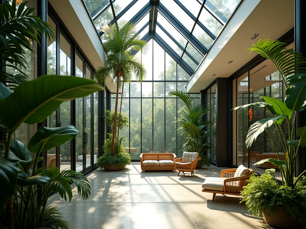 Modern Tropical Garden Room Extension - A stunning architectural garden room extension with floor-to-ceiling glass panels and a high vaulted ceiling, filled with lush tropical plants. Interior features towering Kentia palms, bird of paradise, and hanging orchids. Modern climate control vents visible along sleek aluminum frames. Natural light streams through the glass roof, creating dramatic shadows on polished concrete floors. Rattan furniture and bamboo accents add warmth. Monstera deliciosa leaves frame the foreground, with a dramatic fiddle leaf fig as a focal point. Gentle mist system visible in operation, creating a dreamy tropical atmosphere, photorealistic, architectural photography style.