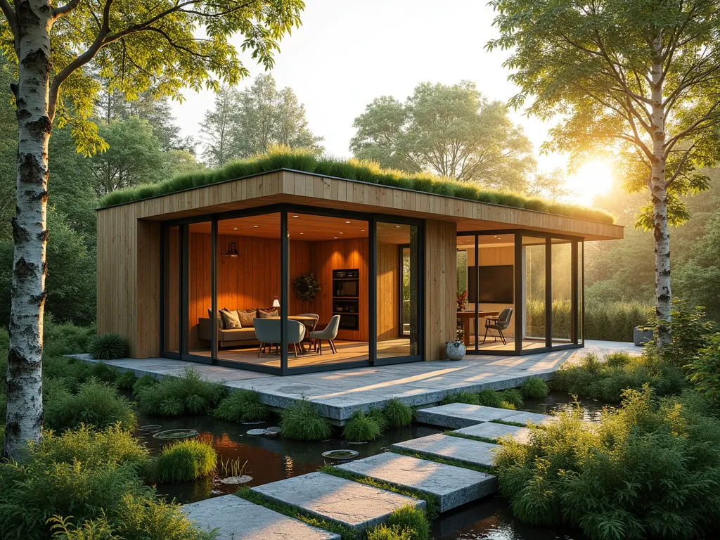 Modern Woodland Garden Room Extension - A contemporary glass and timber garden room extension set within a tranquil woodland setting, photographed during golden hour. The structure features sustainable cedar wood cladding with floor-to-ceiling windows, seamlessly blending into the natural surroundings. Mature silver birch and oak trees frame the building, with dappled sunlight filtering through the canopy. Natural stone pathways wind through clusters of native ferns and woodland flowers. The modern structure includes a living green roof planted with sedum and native grasses, enhancing its connection to nature. Architectural photography style, showing both interior and exterior views through the glass walls, 8k resolution, hyperrealistic.