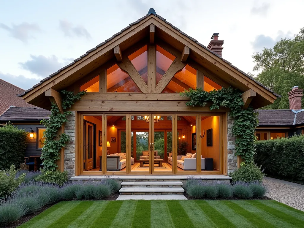 Rustic Timber Frame Garden Room - A stunning garden room extension with exposed oak timber frame construction and traditional joinery, photographed during golden hour. The structure features cathedral-height ceiling with dramatic cross beams and large glass panels that stretch from floor to ceiling. Natural stone foundation with climbing roses and wisteria framing the entrance. Interior visible through windows showing comfortable seating and warm ambient lighting. Modern-rustic fusion with weathered wood textures. Surrounded by a cottage garden with lavender borders and climbing plants. Architectural photography style, hyper-realistic, 8k resolution.