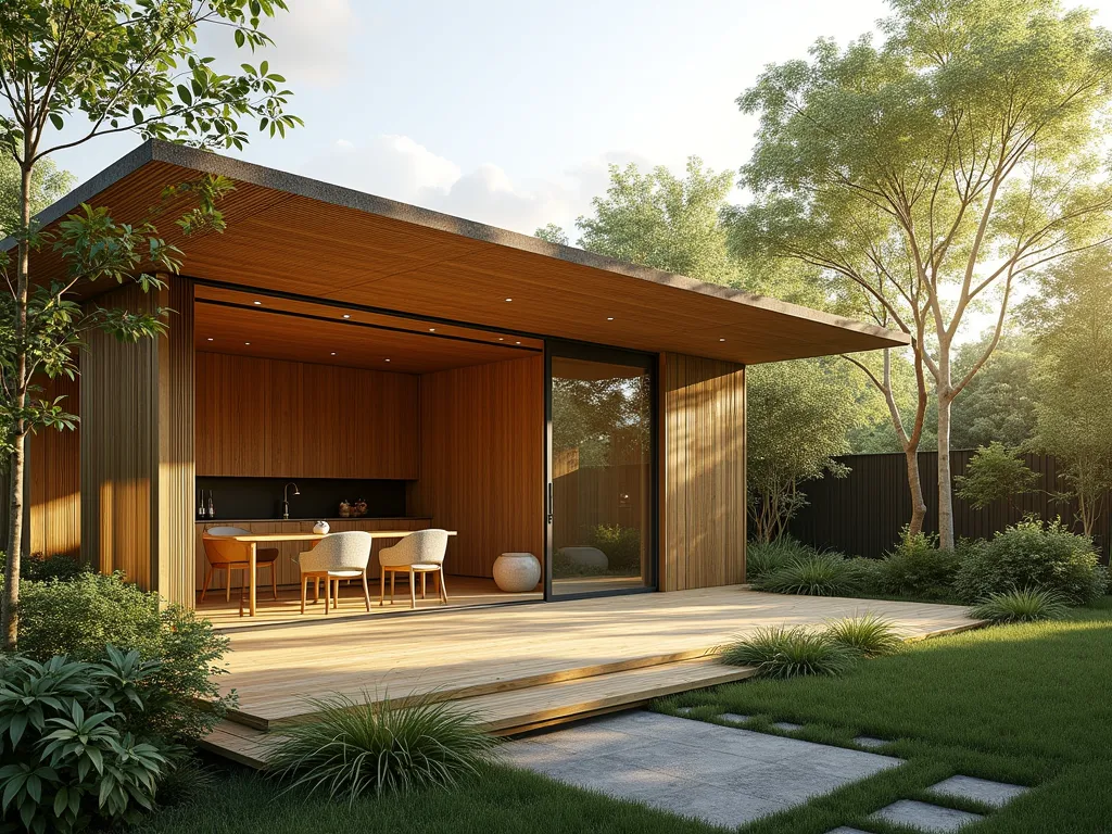 Modern Bamboo Garden Room with Natural Elements - A serene modern garden room extension crafted entirely from light-colored bamboo, featuring floor-to-ceiling sliding glass doors and a slanted bamboo roof with overhanging eaves for natural shade. The structure seamlessly integrates with a lush garden setting, surrounded by ornamental bamboo plants and native grasses. Natural cross-ventilation is achieved through strategically placed bamboo screens. The extension includes a partially covered wooden deck with sustainable furniture. Soft natural lighting filters through the bamboo construction, creating dappled shadows. Photorealistic, architectural photography style, golden hour lighting.