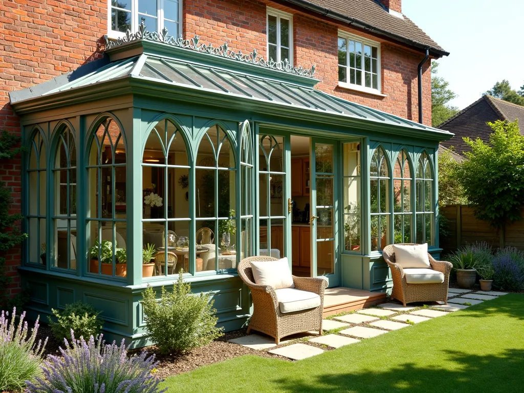 Elegant Victorian Garden Room Extension - A stunning Victorian-style greenhouse room extension with ornate wrought iron glazing bars and decorative ridge cresting, bathed in warm afternoon sunlight. The structure features tall, arched windows with traditional mullions, painted in heritage sage green. Inside, comfortable wicker furniture and potted palms create an inviting living space. Crystal-clear glass panels showcase climbing wisteria and display shelves with vintage terracotta pots. Period-appropriate brass ventilation wheels and hardware add authentic detail. The greenhouse seamlessly connects to a classic brick home, with traditional limestone stepping stones leading to the entrance. Lush cottage garden borders frame the scene with blooming David Austin roses, foxgloves, and lavender.