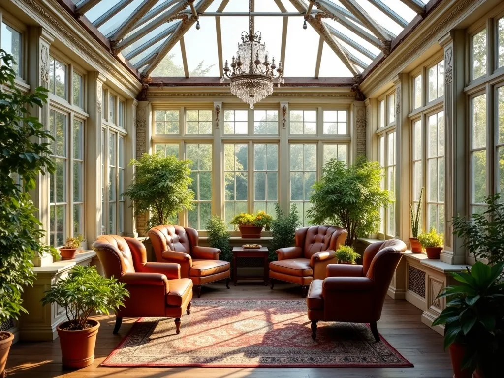 Vintage Victorian Greenhouse Living Space - A beautifully converted Victorian-style greenhouse garden room, with ornate white-painted wrought iron frame and large glass panels. Interior features comfortable vintage leather armchairs, antique wooden furniture, and trailing indoor plants. Crystal chandelier hanging from the apex. Terracotta pots with ferns and potted citrus trees line the edges. White-washed brick base with classic Georgian windows. Weathered copper finials and ridge capping. Natural light streaming through the glass panels creating a warm, inviting atmosphere. Persian rug on reclaimed wooden flooring. Photorealistic, architectural photography style, golden hour lighting.