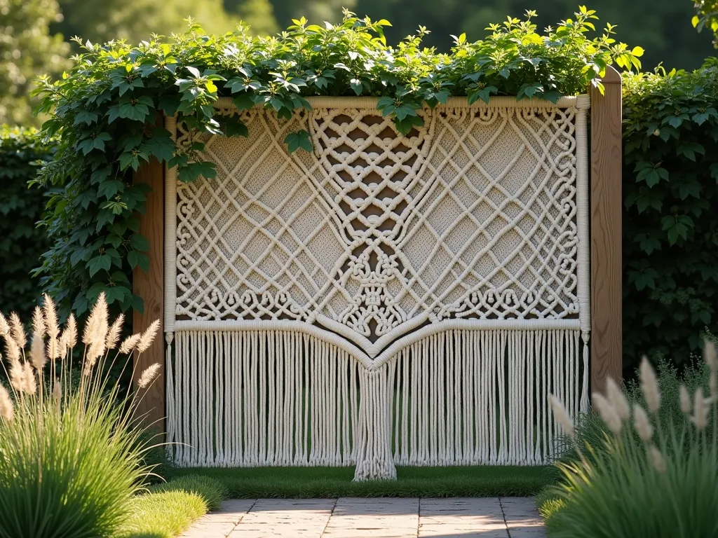 Bohemian Macramé Garden Fence Panel - A stunning garden fence panel featuring intricate macramé rope work between wooden posts, photographed in soft natural daylight. The elaborate pattern shows diamond shapes and vertical knots in natural white rope against a lush garden background. Climbing jasmine weaves through the rope design, while ornamental grasses sway in the foreground. The macramé panel creates artistic shadows on the garden path below. Photorealistic, soft bokeh, architectural detail, 4k photography