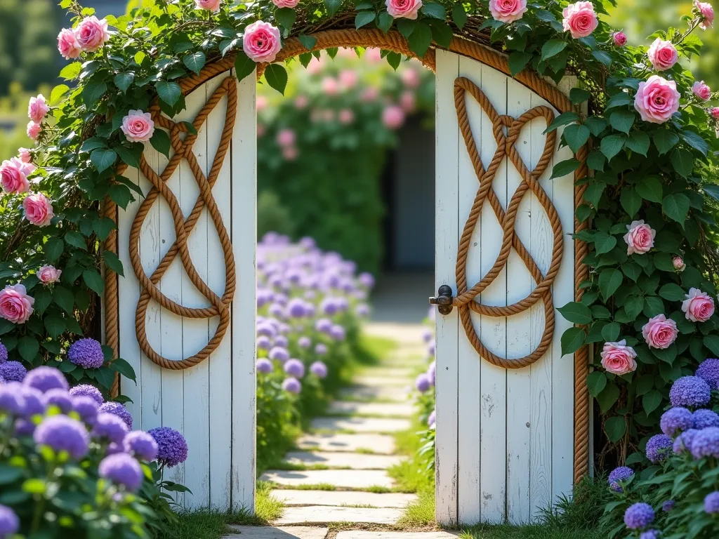 Butterfly Rope Gateway Garden Entrance - A charming garden entrance featuring an elegant white-painted wooden archway with intricate nautical rope work forming symmetrical butterfly wing patterns on both sides, the thick manila rope carefully woven in graceful curves and swooping lines. Climbing pink roses and purple clematis intertwine with the rope design, while a flagstone path leads through the gateway. The scene is set in soft natural lighting with a blurred cottage garden background featuring lavender and hydrangeas