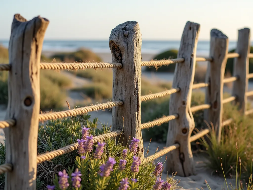 Coastal Driftwood Rope Fence - A rustic garden fence made with weathered driftwood posts connected by nautical rope in natural tan color, set against coastal grasses and beach landscape. The driftwood pieces show natural curves and textures, while thick manila rope weaves horizontally between posts. Late afternoon sunlight casts warm shadows, highlighting the organic shapes of the wood. Coastal ornamental grasses and sea lavender sway in the foreground, creating a dreamy beachside atmosphere. Photorealistic, high detail, soft natural lighting.