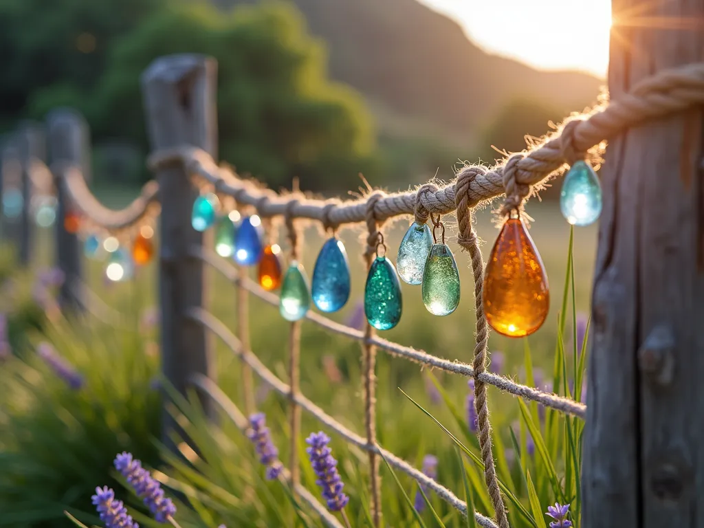 Coastal Garden Rope Fence with Glass Floats - A charming garden fence made of twisted nautical rope strung between weathered wooden posts, adorned with vintage glass fishing floats in shades of blue, green, and amber. The glass floats are secured at intervals along the rope, catching and refracting sunlight. Coastal grasses and lavender sway in the foreground, while the afternoon sun creates magical prisms through the glass floats. The fence has a weathered, seaside aesthetic with hints of salt-worn patina on the wooden posts. Photorealistic, soft natural lighting, shallow depth of field.