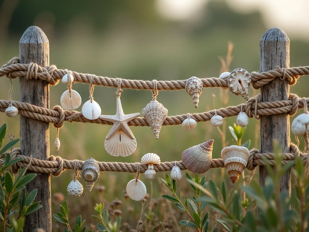 Coastal Shell-Adorned Rope Fence - A charming nautical garden fence made of thick twisted manila rope strung between wooden posts, decorated with an array of natural seashells, starfish, and small sand dollars woven into the rope. The weathered rope fence is set against a backdrop of swaying beach grass and coastal flowers. Soft natural lighting creates a warm, nostalgic ambiance, with the shells catching subtle highlights. Photorealistic, detailed texture, coastal garden style.