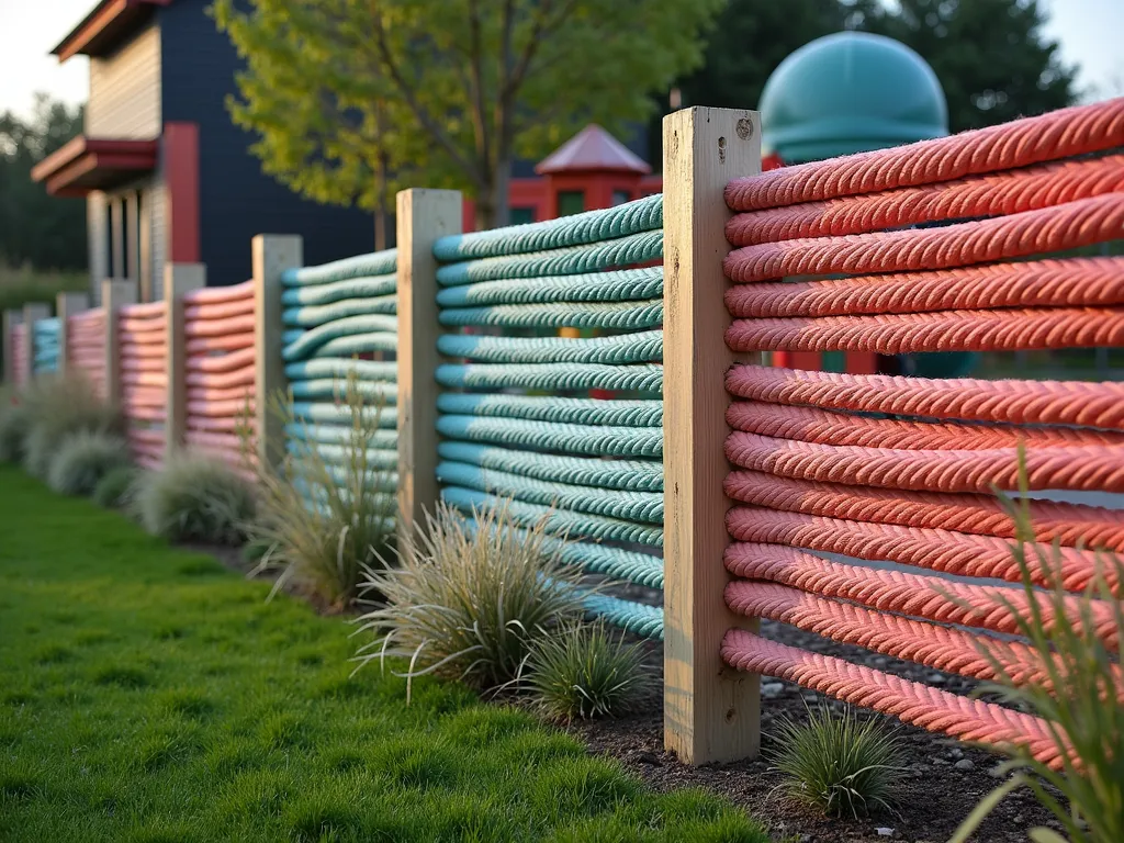 Modern Color-Blocked Rope Garden Fence - A stylish garden fence made of thick nautical rope strung horizontally between wooden posts, with alternating sections dipped in vibrant teal and coral weather-resistant paint. The rope maintains its natural twisted texture, creating an eye-catching pattern against a modern landscaped background with ornamental grasses. Soft afternoon sunlight casts gentle shadows, highlighting the contrast between the painted and natural rope sections. A children's play area is visible in the background, featuring modern playground equipment that matches the fence's color scheme.